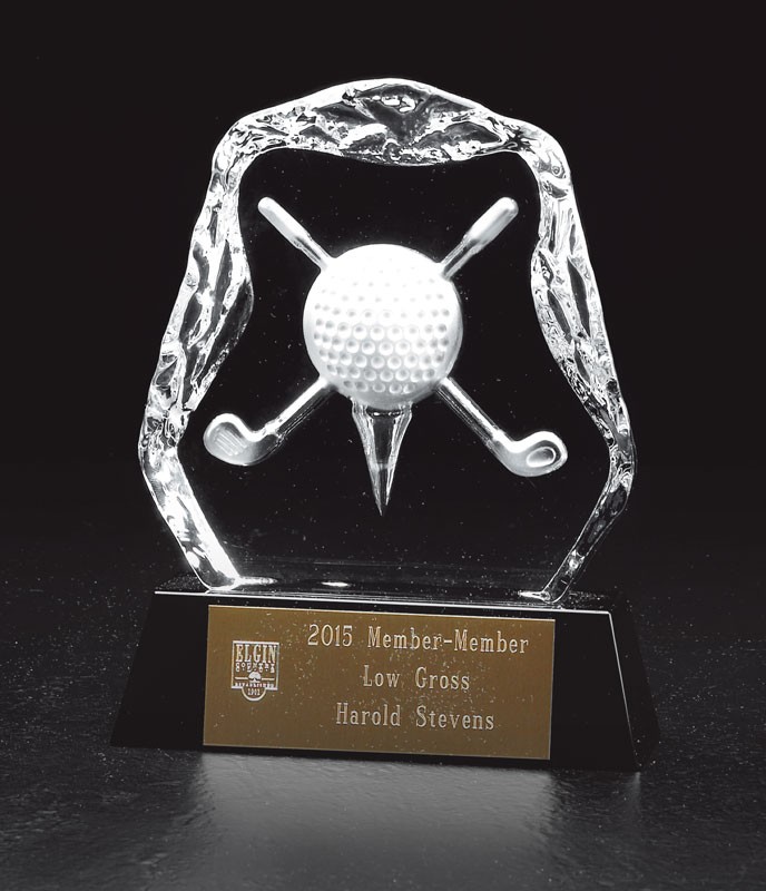 Optic crystal iceberg with crossed clubs & ball design on black crystal base - 7" ht.