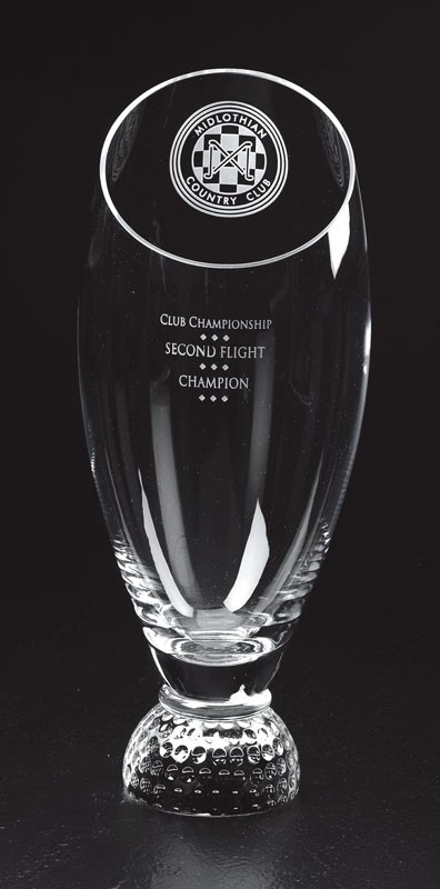 Etched hand blown glass trophy vase with golf ball design on base - 14" ht. 