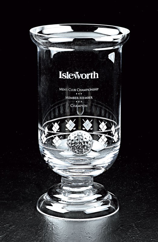 Etched hand blown glass trophy cup with golf ball & etched golf motif - 11 1/2" ht.