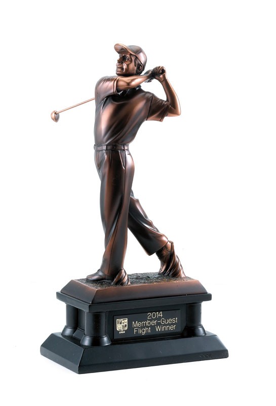Copper tone male golfer statue on black wood base - 14" ht.