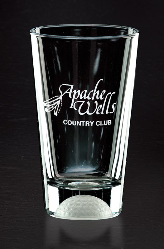 Boxed set of 2 etched 16 oz. glasses with frosted golf ball on the bottom - 6 1/4" ht.