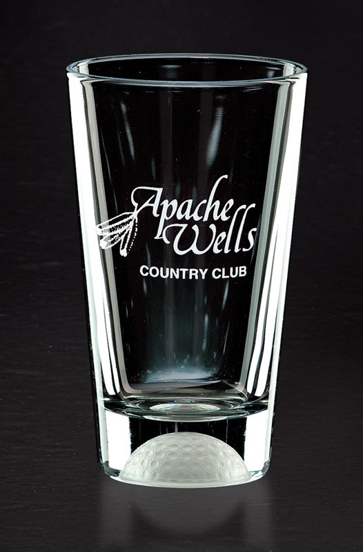 Boxed set of 4 etched 16 oz. glasses with frosted golf ball on the bottom - 6 1/4" ht.