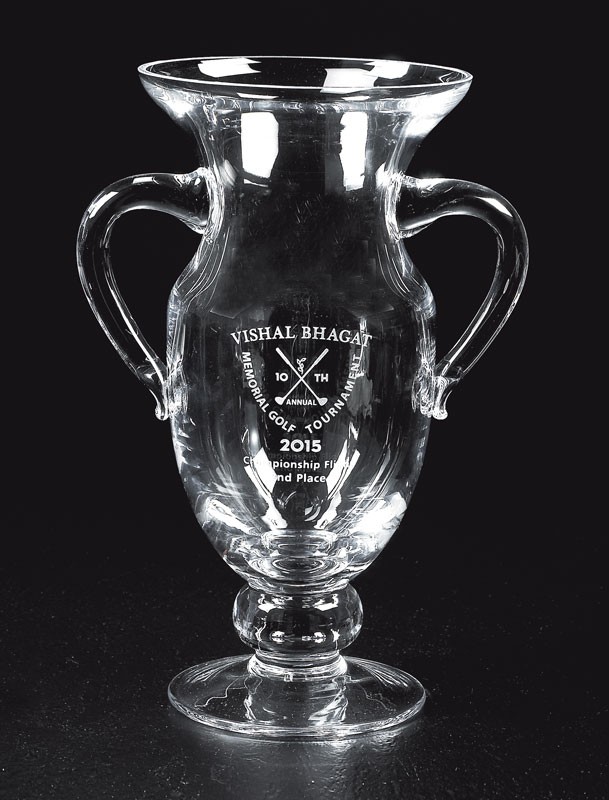 Etched non-lead crystal trophy cup with handles - 11" ht.