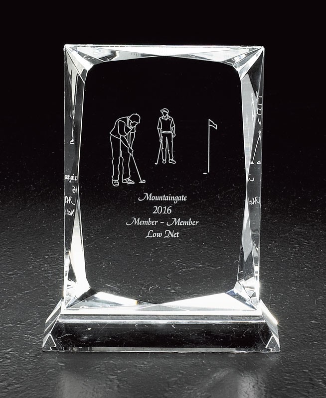 Etched optic crystal rectangular award with picture of male golf partners - 4 1/2" x 7 1/2"
