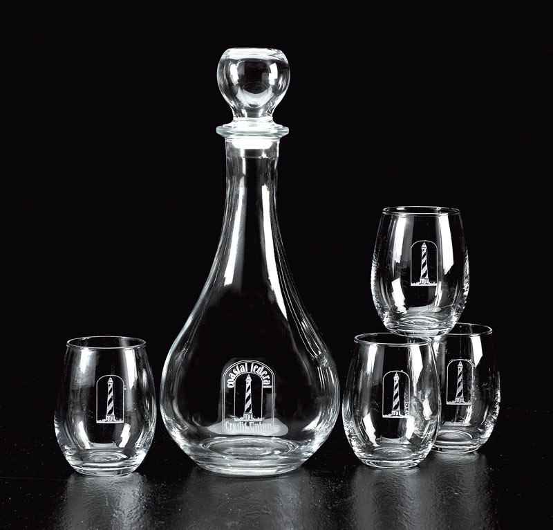 Boxed set of etched 42 oz. decanter & 4 etched 9 oz. stemless wine glasses