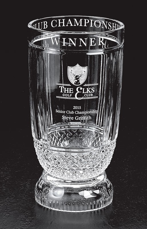 Etched lead crystal trophy cup with hand cutting & copy on top rim - 9 3/4” ht.