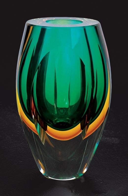 Etched green & yellow art deco vase - 6” ht.