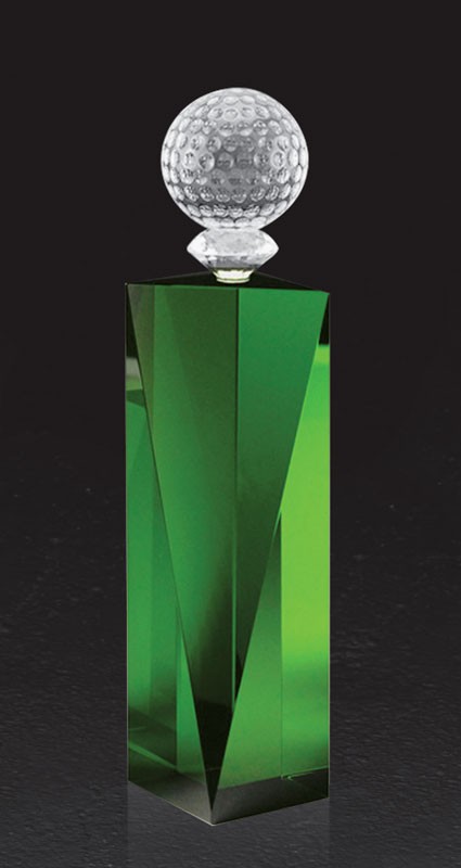Etched green optic crystal tower with golf ball - 7 1/2” ht.
