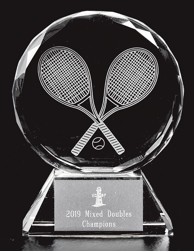 Optic crystal round award with etched tennis racquets - 5" ht.
