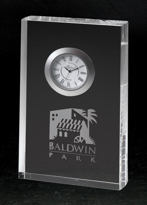 Etched optic crystal clock - 8” ht.