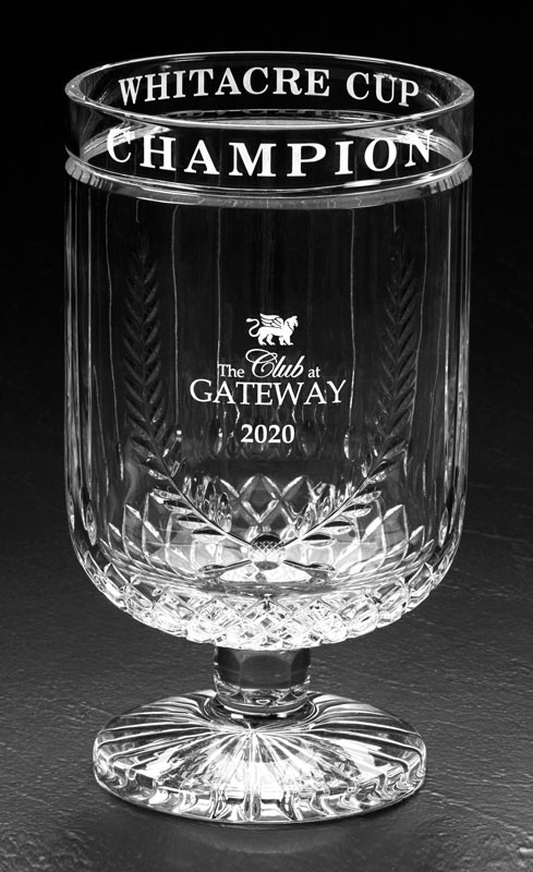 Etched lead crystal trophy cup with copy on front & back rims - 9 1/4” ht.