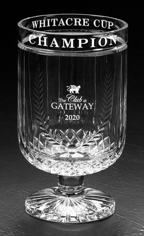 Etched lead crystal trophy cup with copy on front & back rims - 11 1/4” ht.