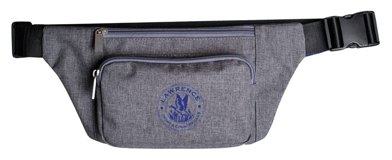 Heathered gray polyester fanny pack with 2 zippered compartments - 13" x 6 1/2"