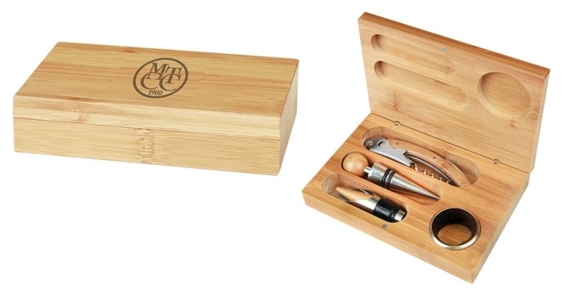 Bamboo 4 piece wine tool set includes lasered imprint - 6 1/4" x 4 1/4"