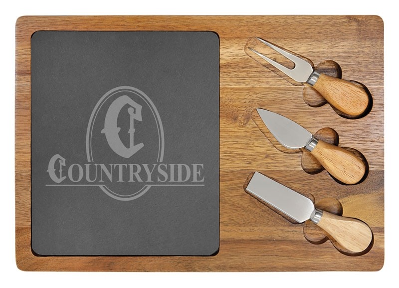 Acacia wood and slate cheese board with utensils - 13 3/4" x 9 3/4"