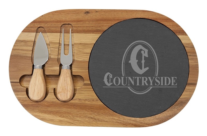 Acacia wood and slate cheese board with utensils - 12 1/4" 7 3/4"