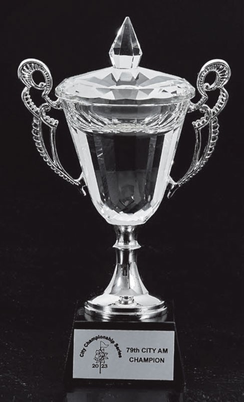 Crystal cup with silver handles on black crystal base with engraved plate - 8" ht.