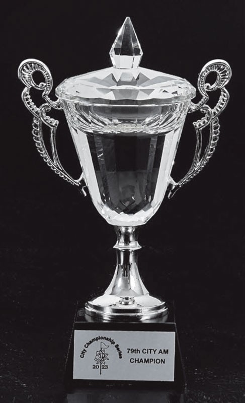 Crystal cup with silver handles on black crystal base with engraved plate - 11 1/4" ht.