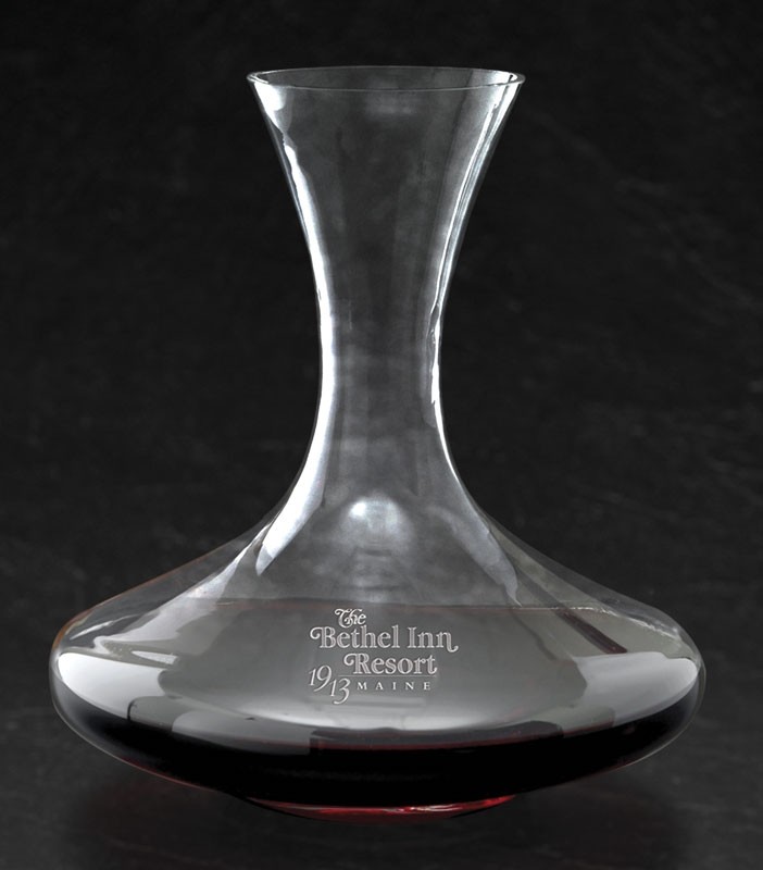 Etched lead-free glass decanter holds 68 oz. - 9 3/4" ht.