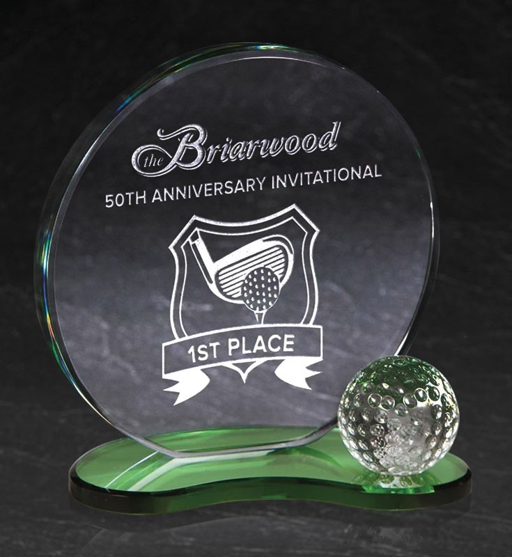 Etched optic clear & green crystal award with golf ball - 5 1/2" x 5 1/2"
