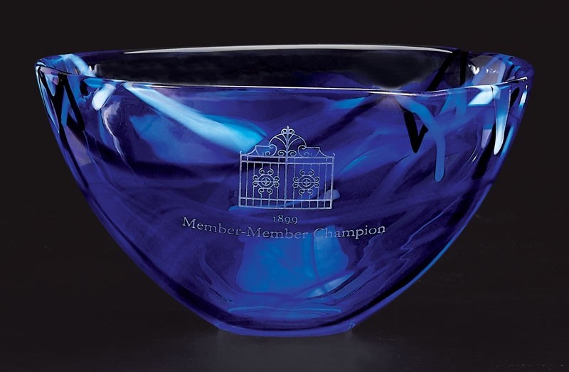 Etched Kosta Boda blue glass bowl - 13 3/4" dia.