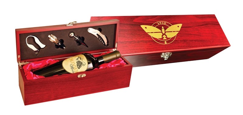 Rosewood finish wine box with wine tools - 14 1/2" x 4 5/8"