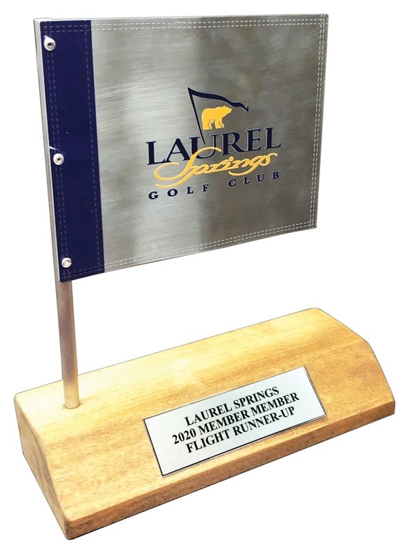 Sublimated aluminum pin flag on wood base with engraved plate - 9 1/2" ht.