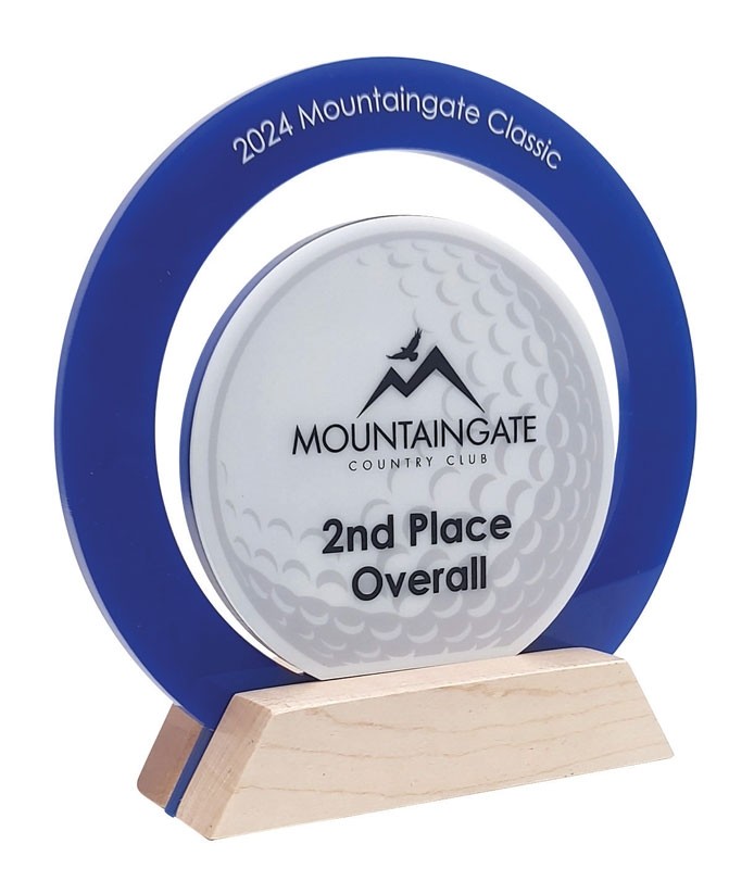 Acrylic award on wood base with full color imprint - available in blue, red, white or black - 6" ht.