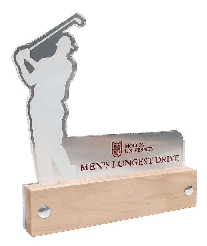 Acrylic award with male or female golfer with full color imprint on wood base - 6 3/4" ht.