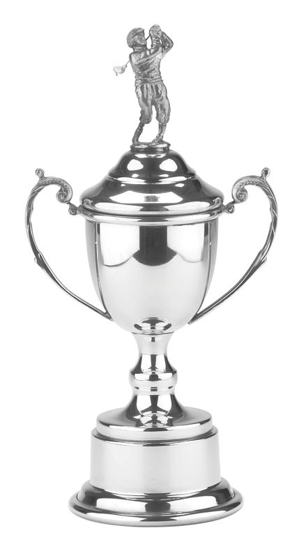 Pewter trophy cup with male golf figure - 13" ht.