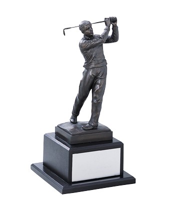Antique bronze finished contemporary male golf sculpture on black wood base