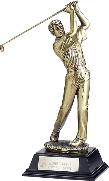 Gold tone male golf sculpture on wood base - 10"