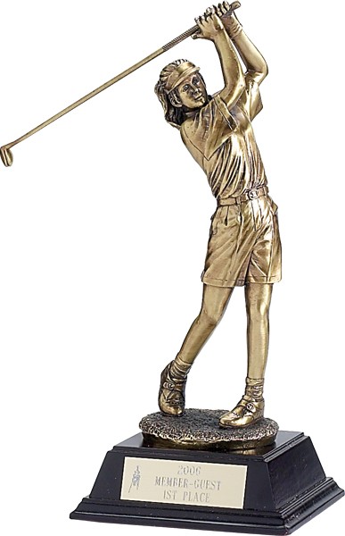 Gold tone female golf sculpture on wood base - 10"