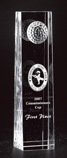 Etched optic crystal tower with golf ball - 7 3/4" ht.