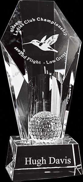 Etched optic crystal award with golf ball - 8" ht.