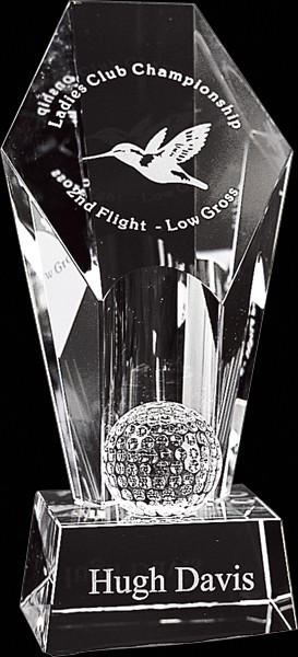 Etched optic crystal award with golf ball - 9" ht.