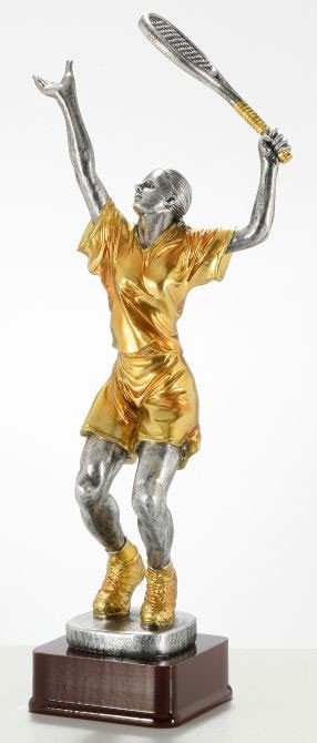Painted resin female tennis sculpture on wood base - 14" ht.