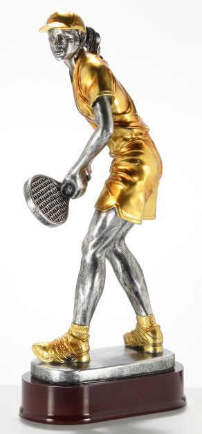 Painted resin female tennis sculpture on wood base - 13 1/8" ht .