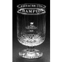 Etched lead crystal trophy cup with copy on front & back rims - 9 1/4” ht.