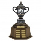 Charcoal gray ceramic trophy cup with sand carved logo on perpetual base