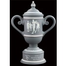 Light gray ceramic trophy cup with vintage male golf scene - 10" ht.