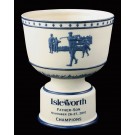 Cream & blue ceramic trophy bowl with vintage male golf scene & sand carved copy and/or logo - 9 1/2" ht. x 8 1/2" dia.