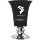 High gloss black glazed ceramic trumpet vase with sand carved logo and/or copy - 13 1/2" ht.