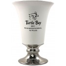 High gloss white glazed ceramic trumpet vase with sand carved logo and/or copy - 13 1/2" ht.
