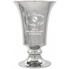 High gloss silver glazed ceramic trumpet vase with sand carved logo and/or copy - 13 1/2" ht.