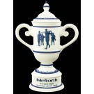 Cream & blue ceramic trophy cup with vintage male golf scene and sand carved copy/and or logo - 14" ht.