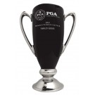 High gloss black & silver glazed ceramic trophy cup with handles, sand carved logo and/or copy - 9 1/2" ht.