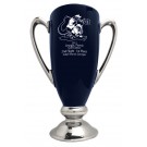High gloss blue & silver glazed ceramic trophy cup with handles, sand carved logo and/or copy - 11 1/2" ht.