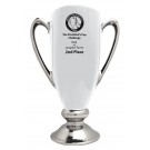 High gloss white & silver glazed ceramic trophy cup with handles, sand carved logo and/or copy - 13 1/2" ht.