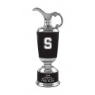 High gloss black & silver glazed ceramic claret jug with sand carved logo and/or copy - 15" ht.